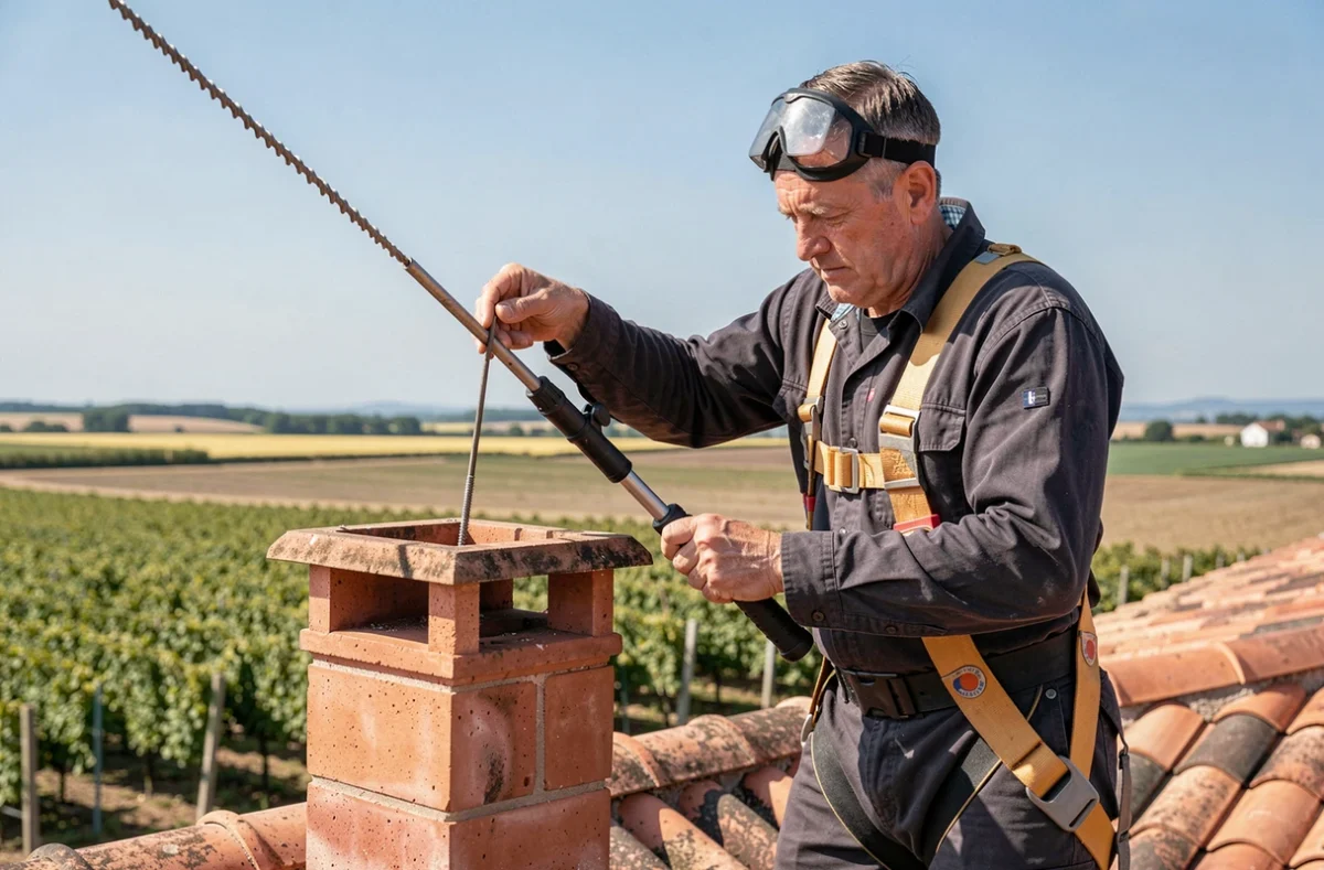 Technicien ramoneur d'Aquitaine Ramonage Installation Entretien Bruleurs effectuant un ramonage sur un toit en Gironde