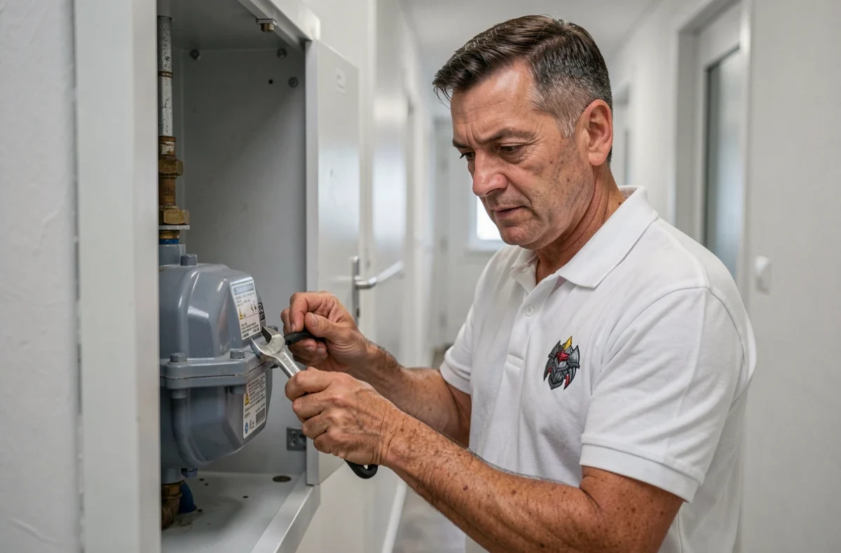 Plombier d'Armor Plomberie remplaçant un compteur d'eau dans le local technique d'un immeuble résidentiel brestois