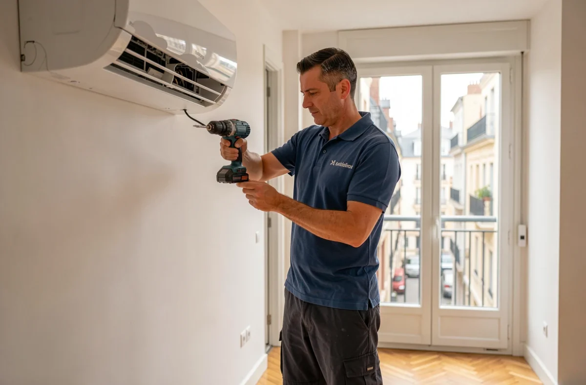 Technicien de l'Atelier Climatisation Chauffage Electricité Et Froid installant un climatiseur dans un appartement à Bordeaux