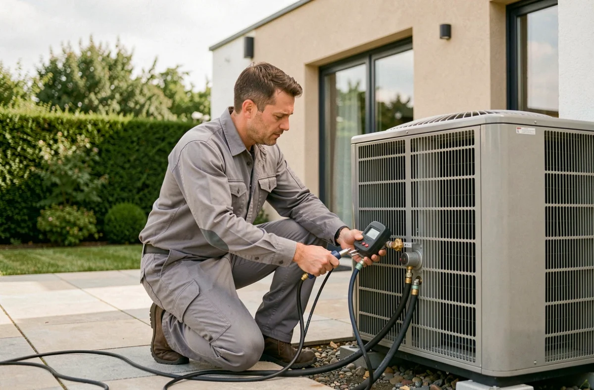 Technicien de Bordeaux Climatisation posant une pompe à chaleur dans le jardin d'une maison de la Bordeaux Métropole