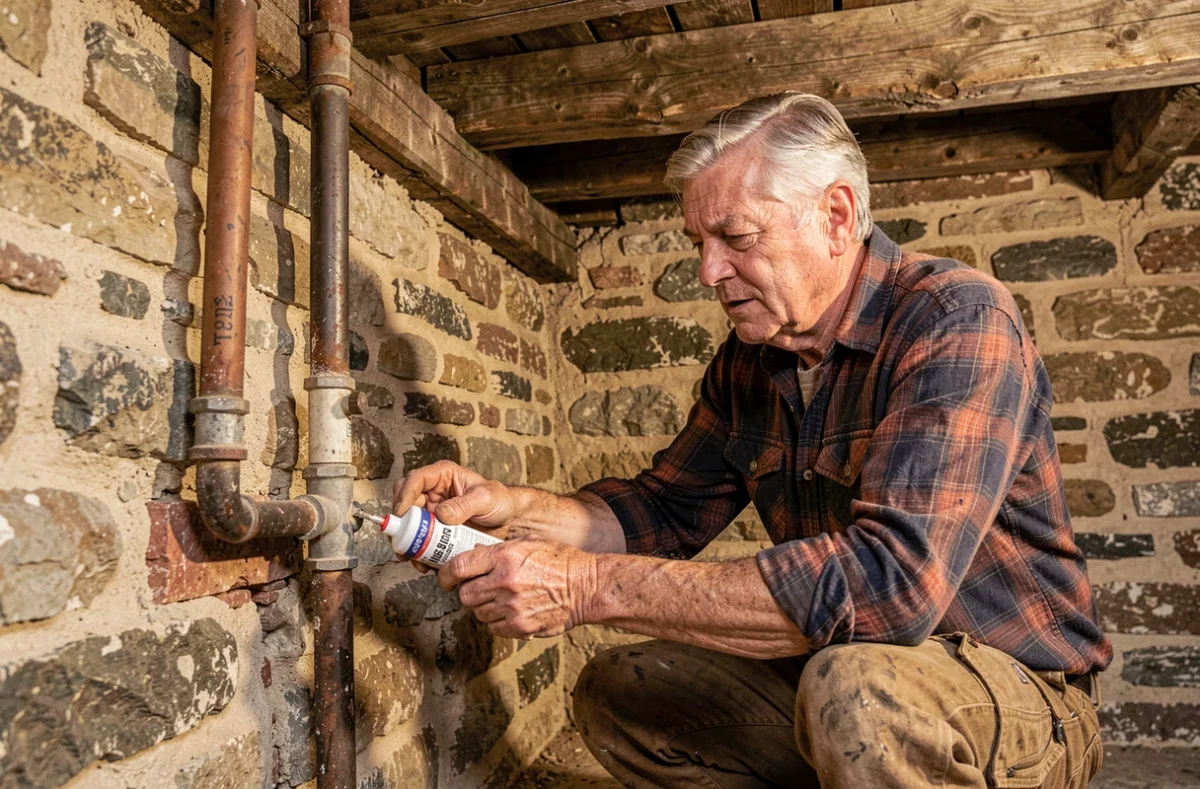 Gérard Bosquet, plombier indépendant, réparant une fuite sur une canalisation dans la cave d'une maison en pierre à Brest