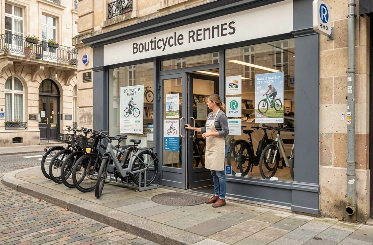 Employée de Bouticycle Rennes ouvrant le magasin le matin avec des vélos électriques exposés sur le trottoir rennais