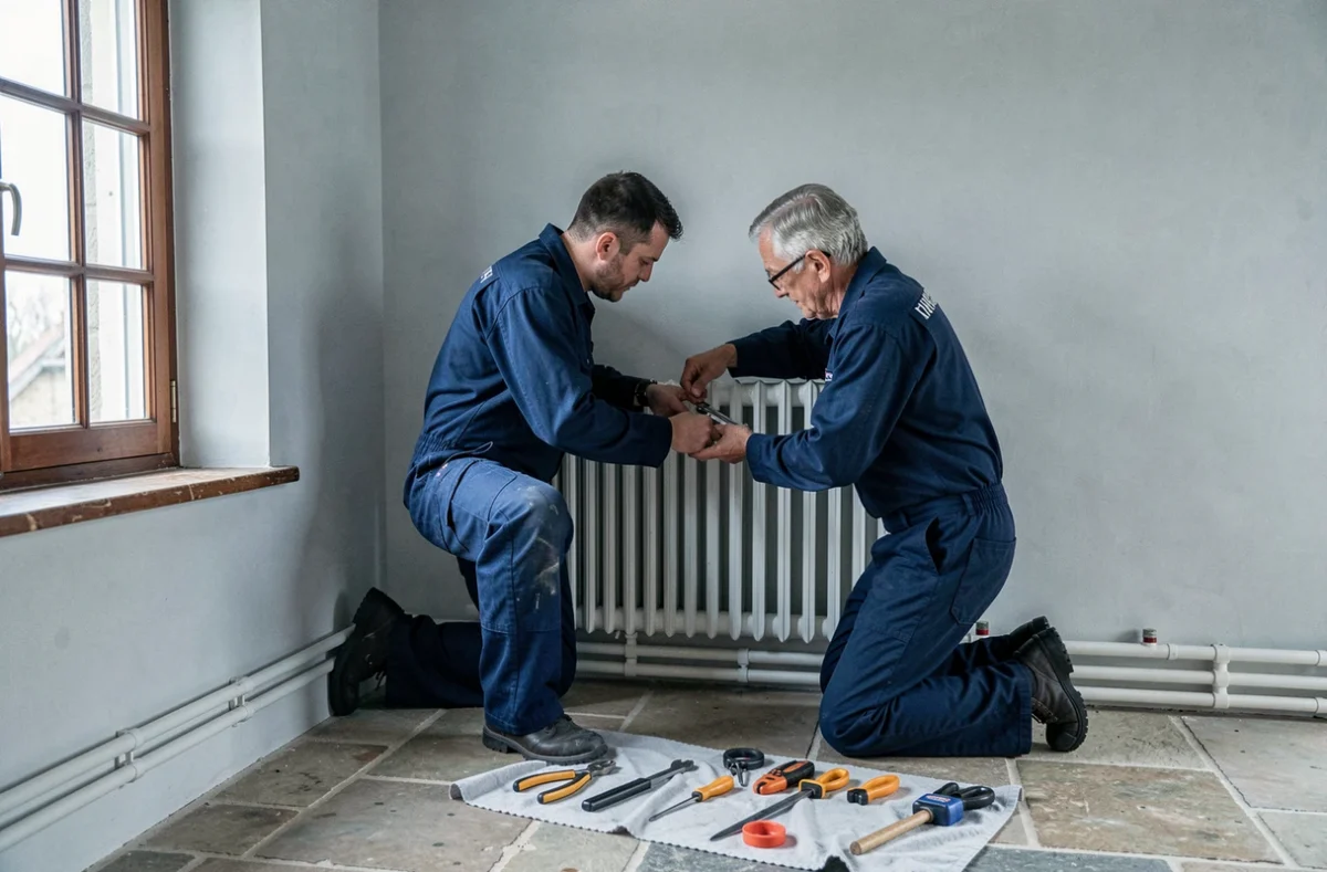 Deux techniciens de Bretagne Plomberie Chauffage installant un radiateur dans une maison bretonne à Brest