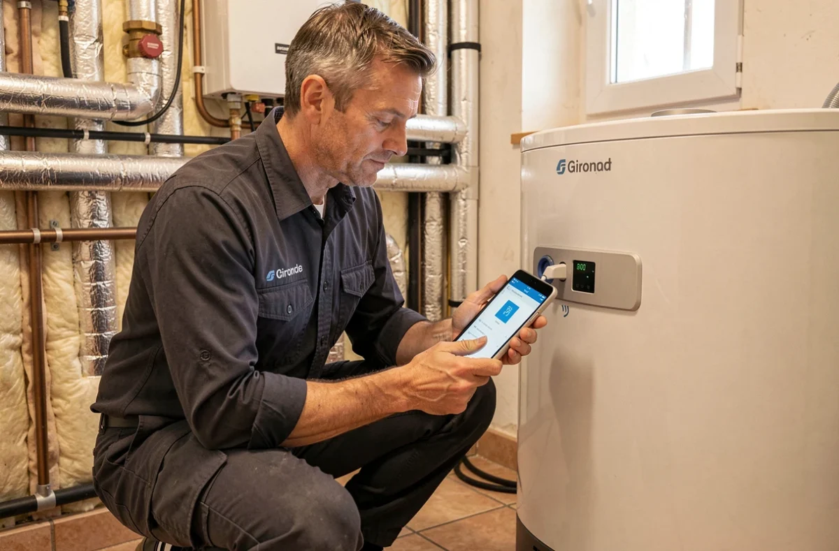 Technicien de C2S Chauffage Sanitaire Pompes À Chaleur vérifiant une installation PAC dans une maison en Gironde