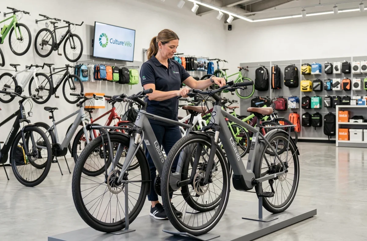 Intérieur du magasin Culture Vélo Rennes Cesson avec une employée ajustant un vélo électrique de ville en exposition