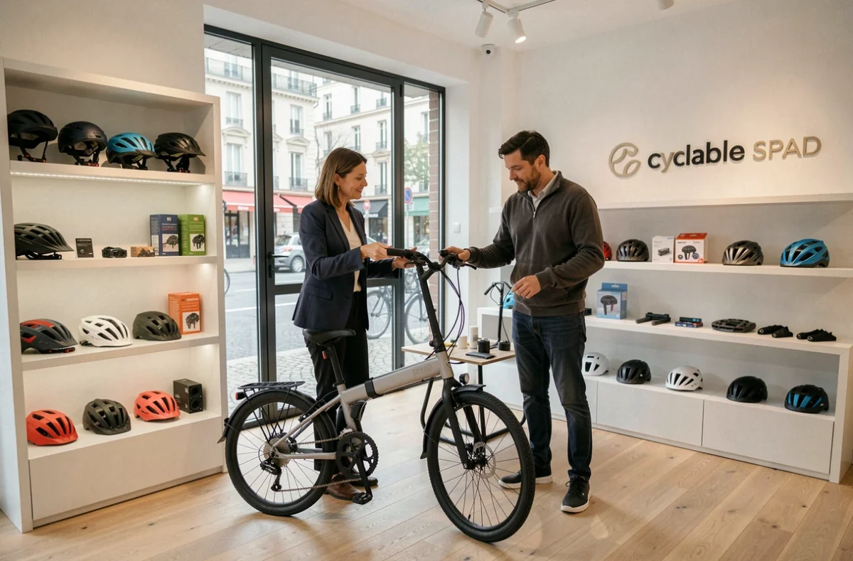 Conseillère de Cyclable SPAD présentant un vélo électrique pliant premium à un client dans une boutique design épurée