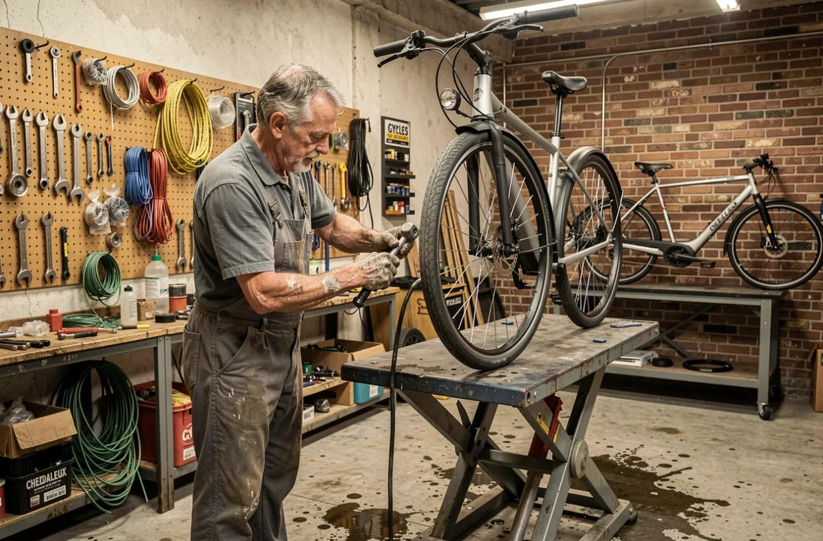 Mécanicien de Cycles Chedaleux réparant un vélo électrique cargo dans un atelier indépendant en Ille-et-Vilaine