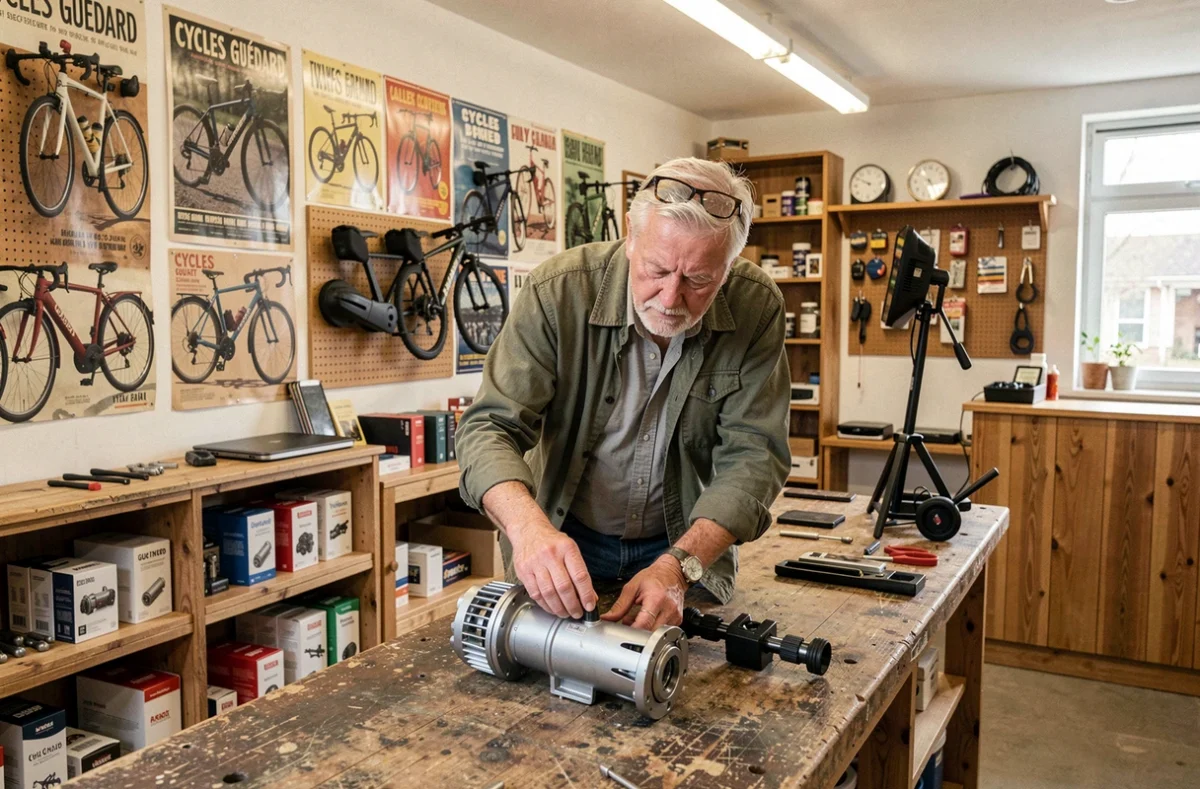 Le propriétaire de Cycles Guédard inspectant un moteur de vélo électrique dans l'atelier de son magasin indépendant en Bretagne