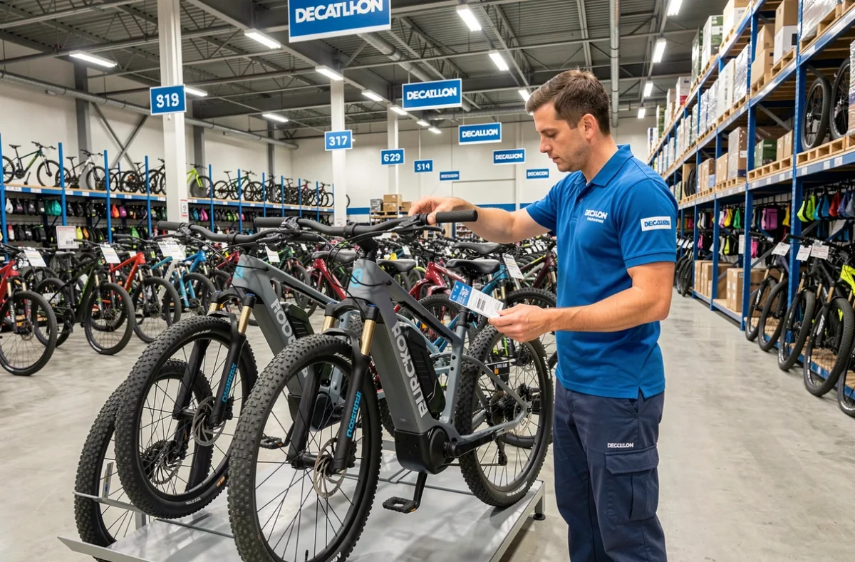 Employé Decathlon Rennes Betton étiquetant un vélo électrique VTT dans le vaste rayon cyclisme du magasin