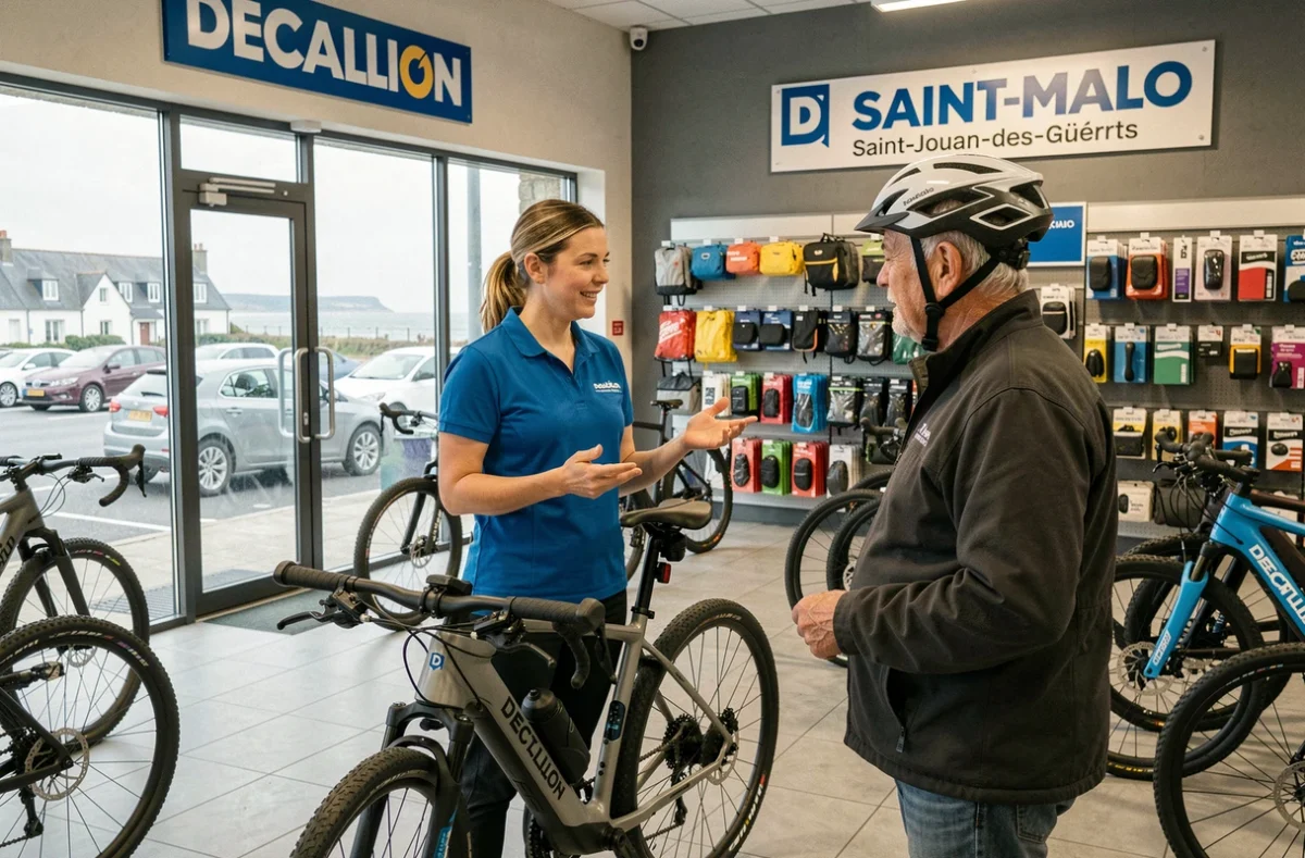 Employée Decathlon Saint-Malo Saint-Jouan-des-Guérets expliquant les caractéristiques d'un vélo électrique de route à un client senior