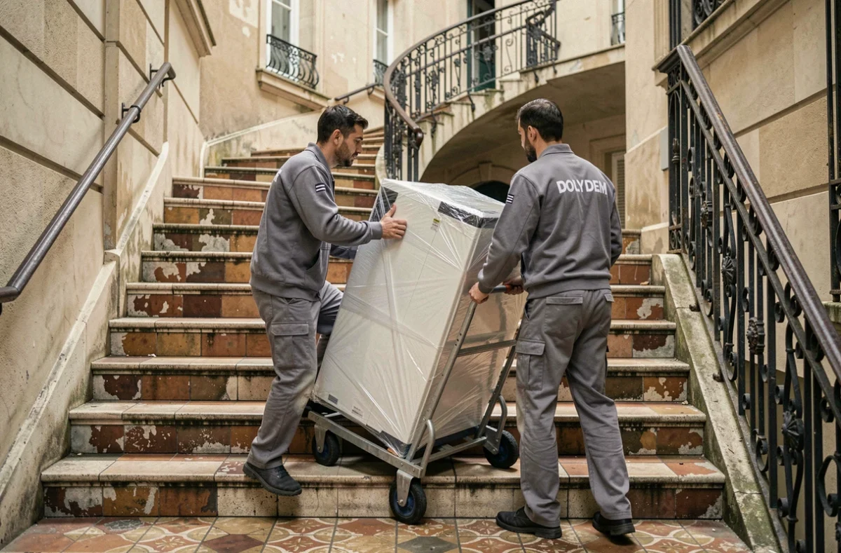 Deux déménageurs DOLYDEM manœuvrant un appareil emballé dans un escalier d'immeuble parisien avec un diable professionnel