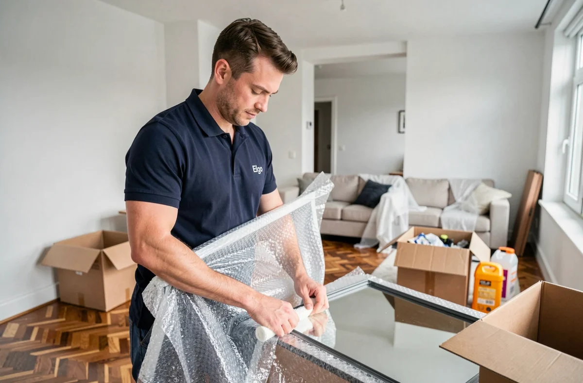 Déménageur Elgo Déménagement emballant soigneusement un miroir dans un appartement avant le déménagement