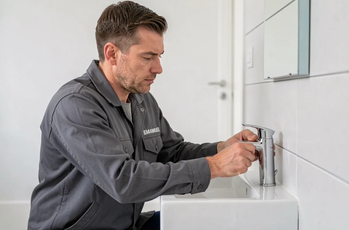 Emmanuel Lambal, plombier artisan, posant un robinet neuf sur un lavabo en céramique dans un appartement rénové à Brest