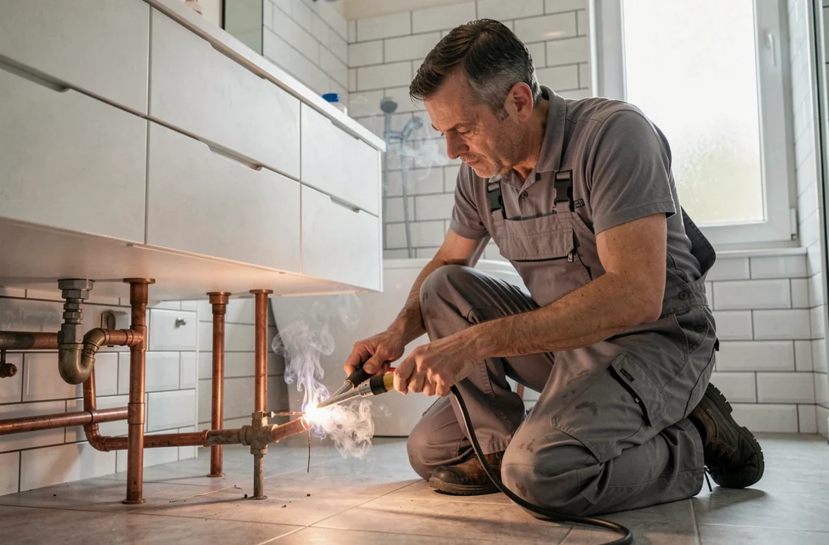 Plombier de l'entreprise Guy André en train de souder des tuyaux en cuivre dans une salle de bain rénovée à Brest