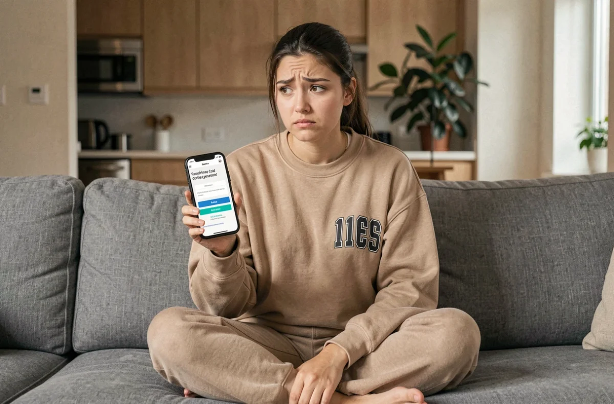 Jeune femme sceptique consultant un site générateur de codes gratuits pour jeu anime sur son smartphone dans un appartement moderne