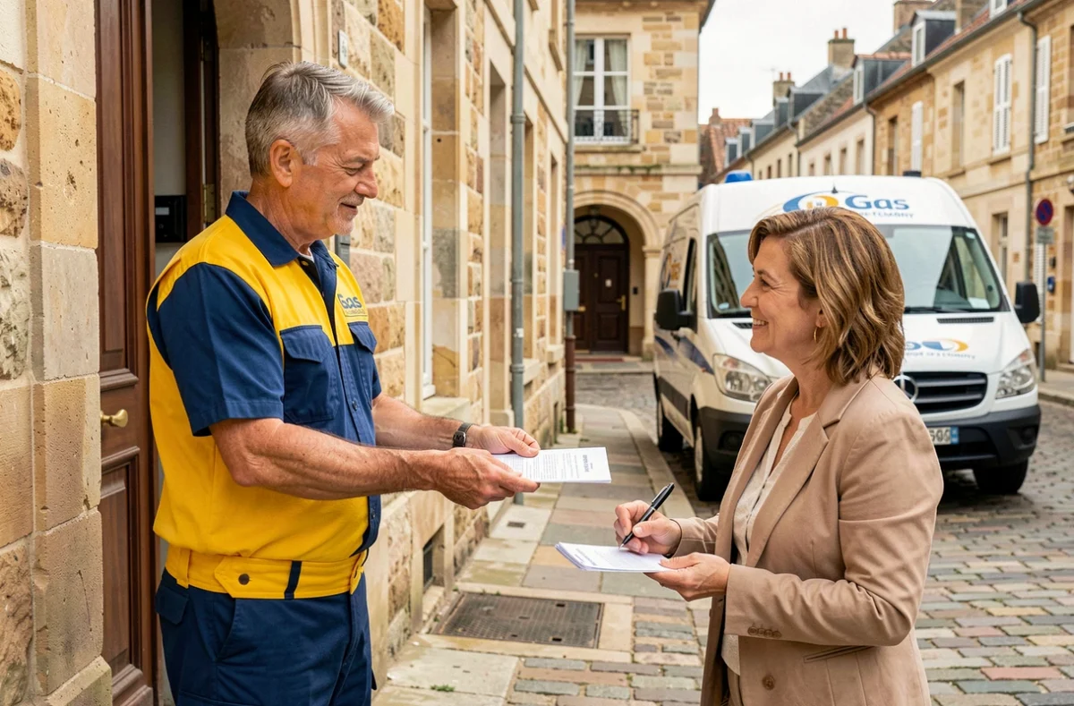 Technicien de Gaz de Bordeaux remettant un document de service à une cliente devant une maison en pierre à Bordeaux
