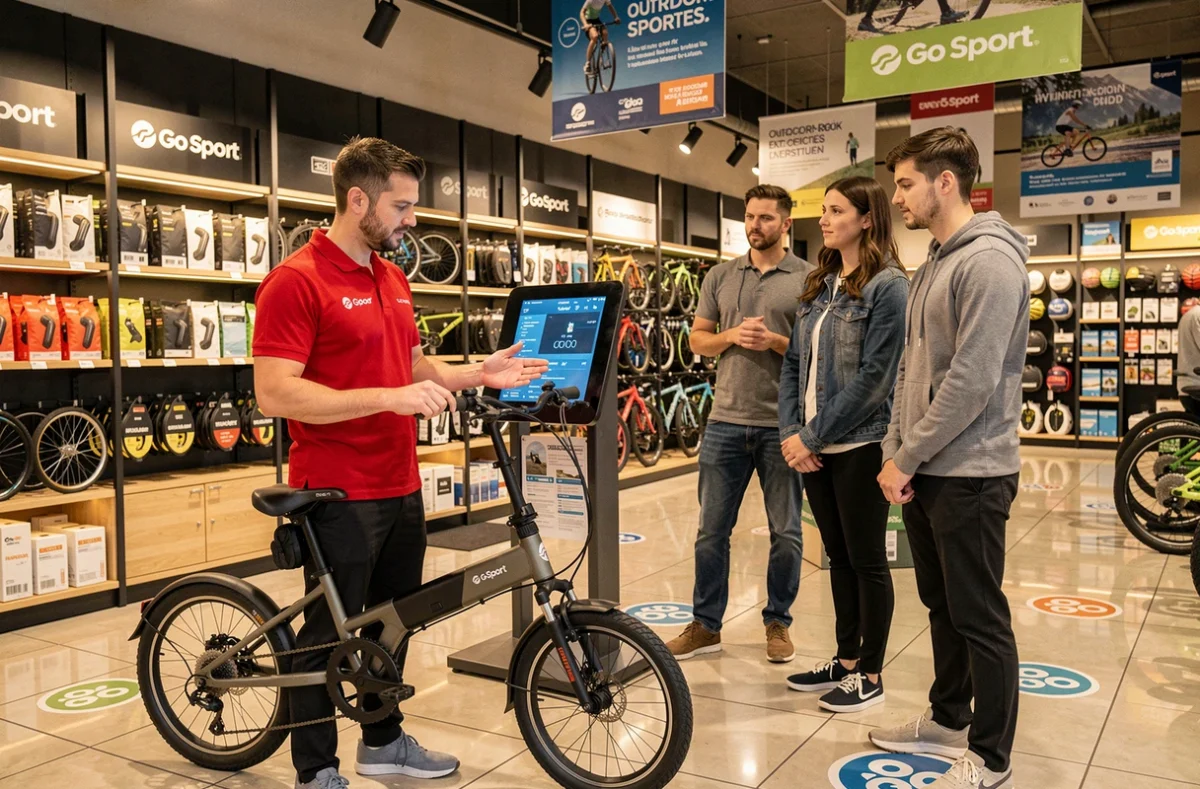 Vendeur de Go Sport Rennes démontrant le panneau numérique d'un vélo électrique pliant à un jeune couple dans le rayon cyclisme