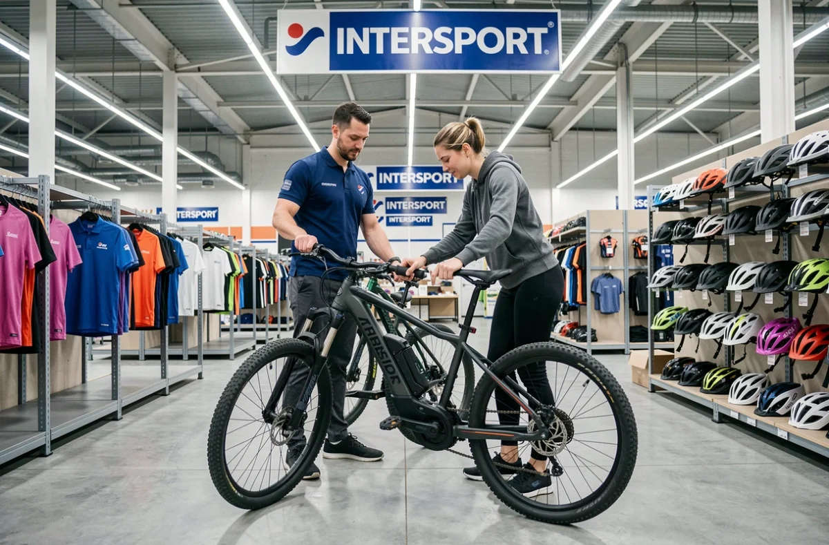 Conseiller Intersport Rennes aidant une cliente à régler la hauteur de selle d'un vélo électrique VTT dans le rayon cyclisme