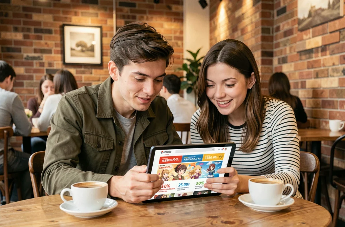 Deux jeunes adultes découvrant des offres promotionnelles légitimes sur un jeu anime dans un café, alternative sécurisée aux codes gratuits douteux
