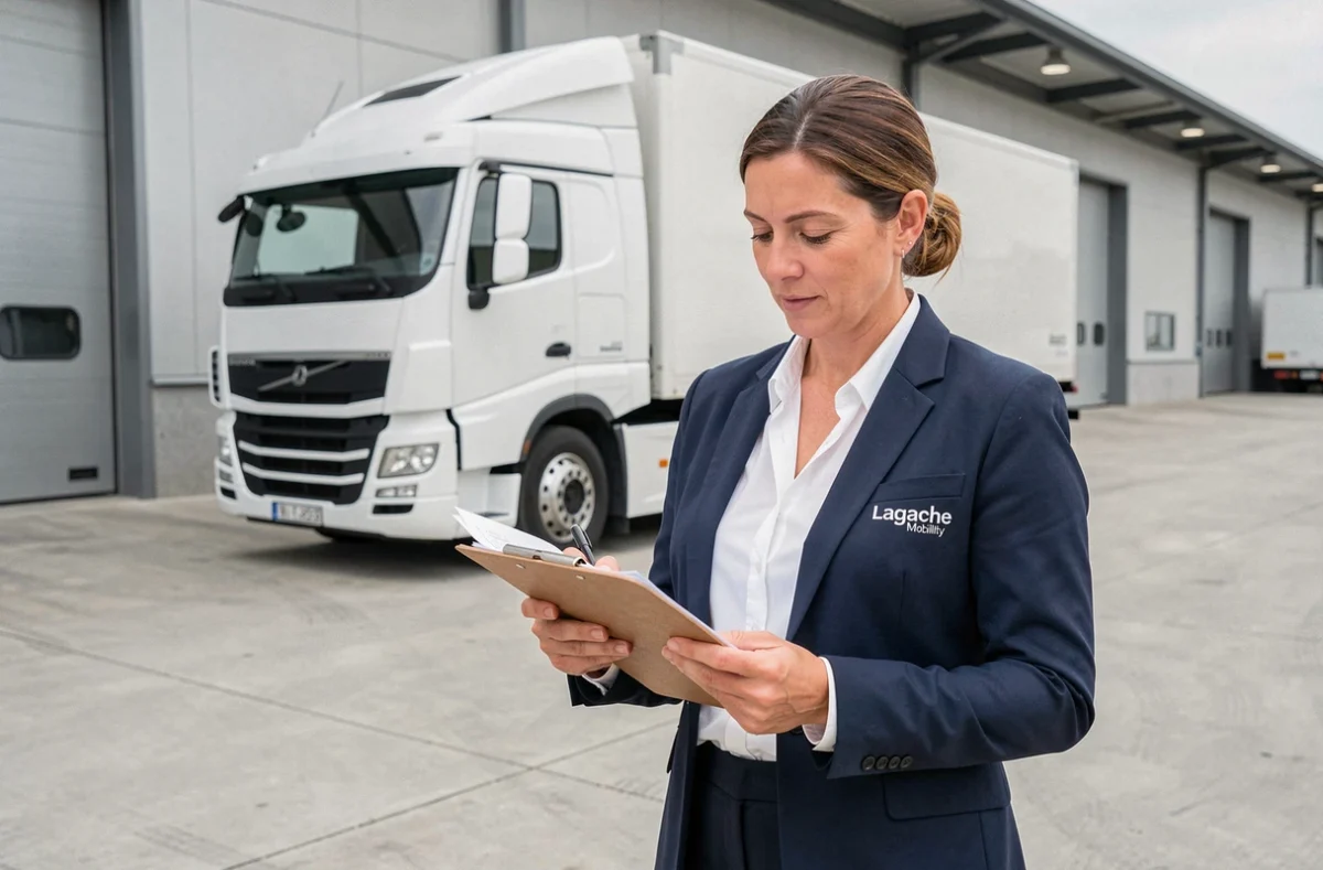 Coordinatrice logistique Lagache Mobility vérifiant des documents devant un camion longue distance dans un dépôt commercial
