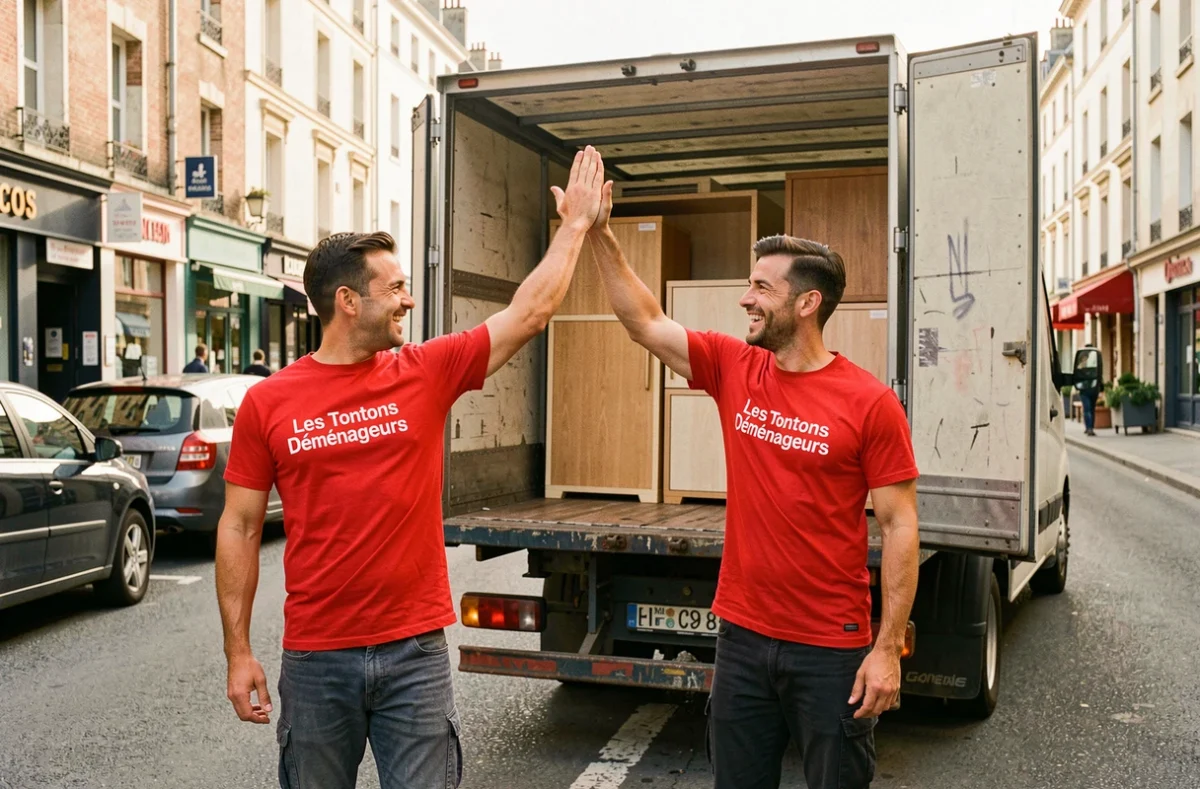Deux déménageurs joyeux des Tontons Déménageurs se tapant dans la main après avoir chargé un camion dans une rue animée