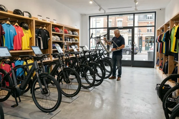 Intérieur d'un magasin de vélos électriques en Ille-et-Vilaine avec une rangée de e-bikes en exposition et un vendeur professionnel