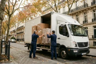 Équipe de déménagement professionnelle chargeant un camion dans une rue d'Aubervilliers, illustrant le top 10 des meilleures entreprises de déménagement de la ville