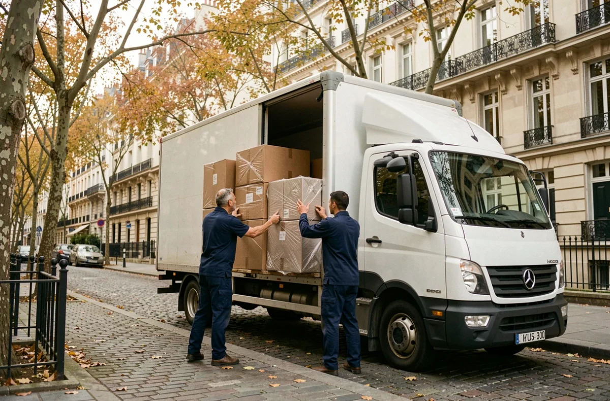 Équipe de déménagement professionnelle chargeant un camion dans une rue d'Aubervilliers, illustrant le top 10 des meilleures entreprises de déménagement de la ville