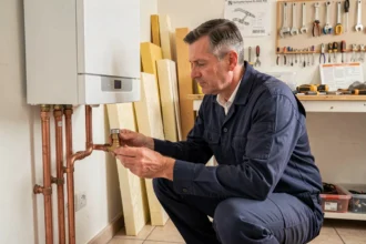 Chauffagiste professionnel en Gironde inspectant une chaudière murale dans une salle technique résidentielle