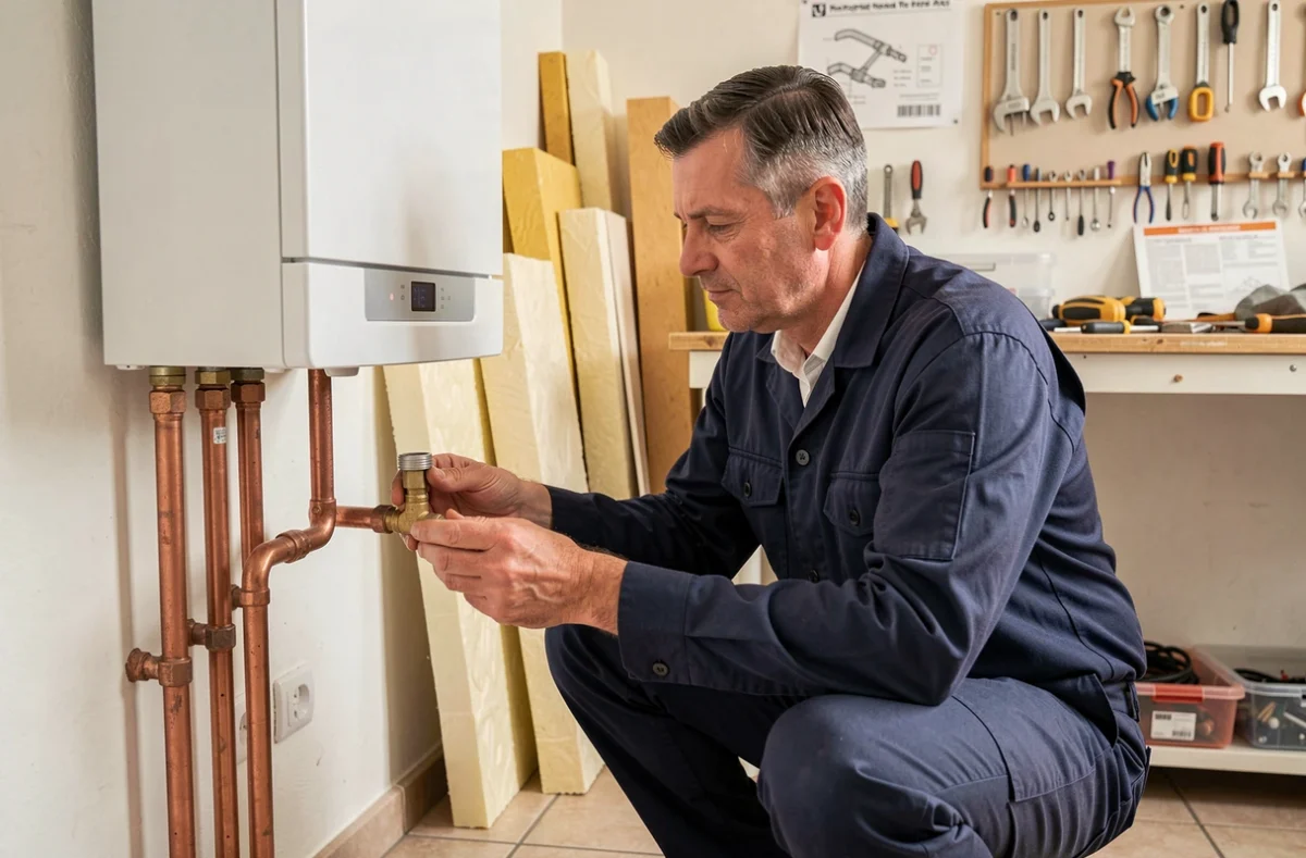 Chauffagiste professionnel en Gironde inspectant une chaudière murale dans une salle technique résidentielle
