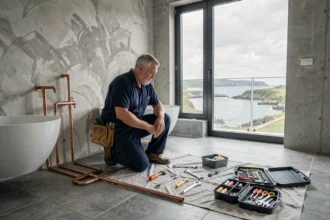 Plombier professionnel travaillant dans un appartement brestois, vue d'ensemble de son atelier avec outils et tuyaux en cuivre