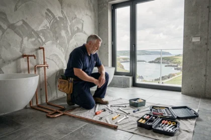 Plombier professionnel travaillant dans un appartement brestois, vue d'ensemble de son atelier avec outils et tuyaux en cuivre