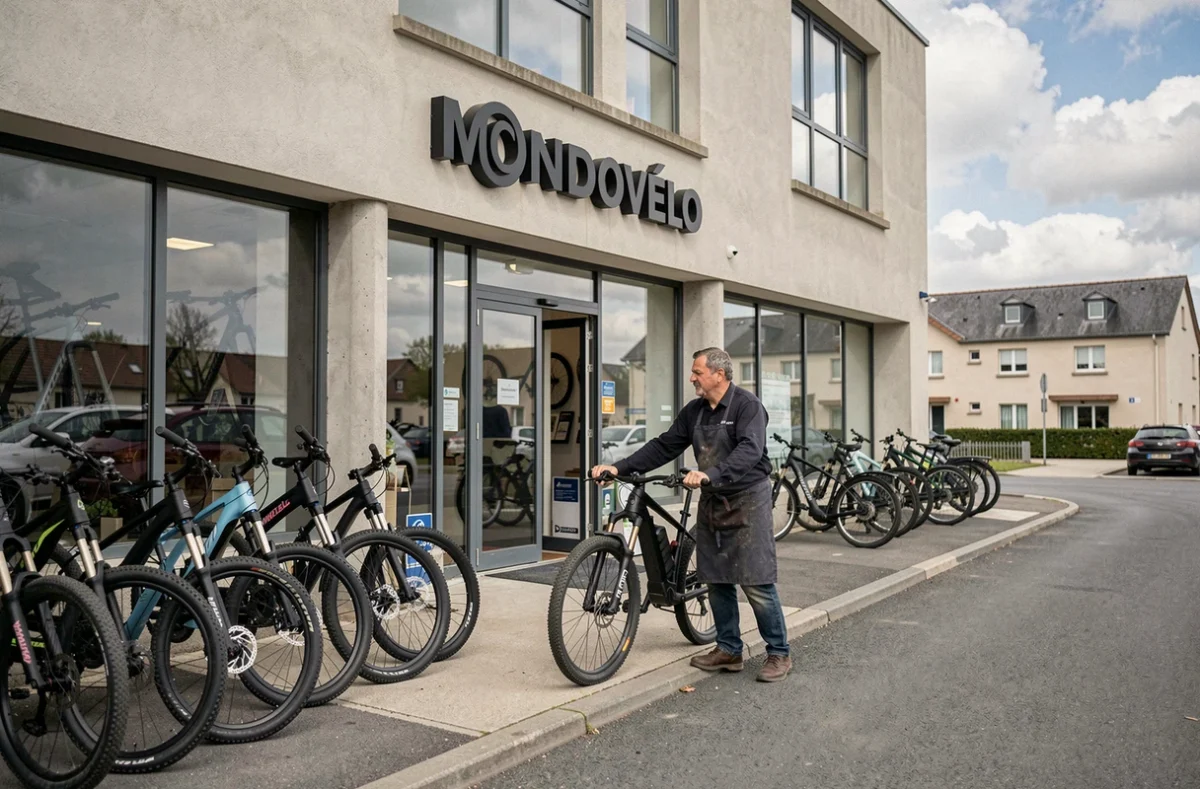 Façade du magasin Mondovélo Rennes Châteaugiron avec un mécanicien déplaçant un vélo électrique tout-terrain