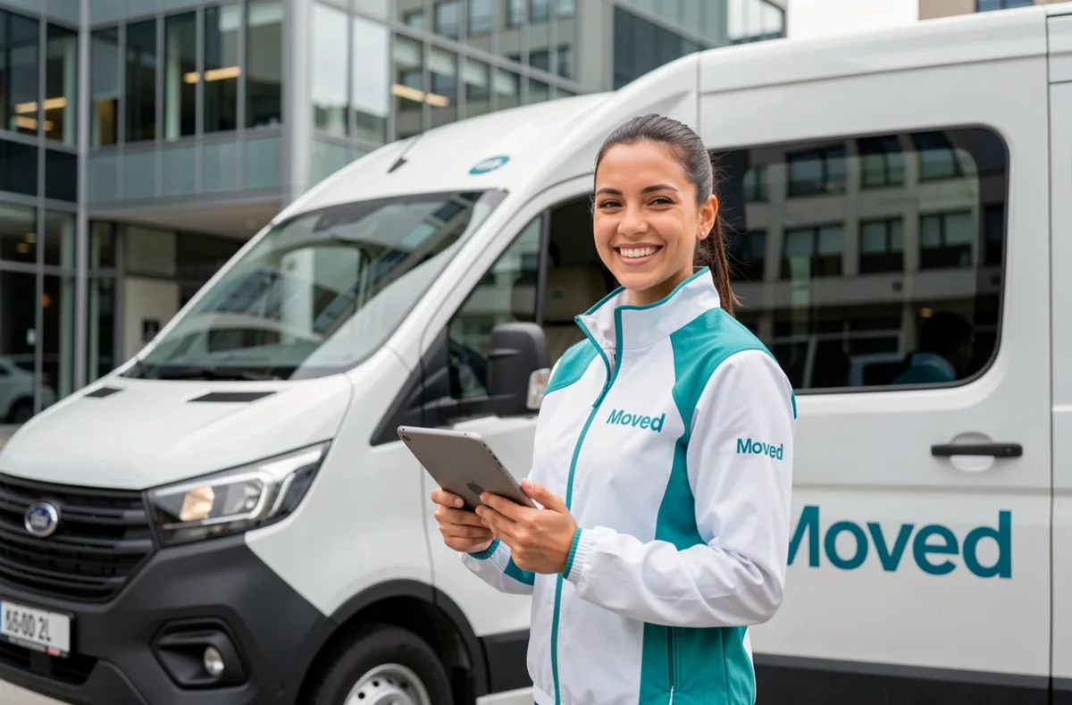 Coordinatrice de l'entreprise Moved souriante avec tablette numérique devant un van de déménagement moderne