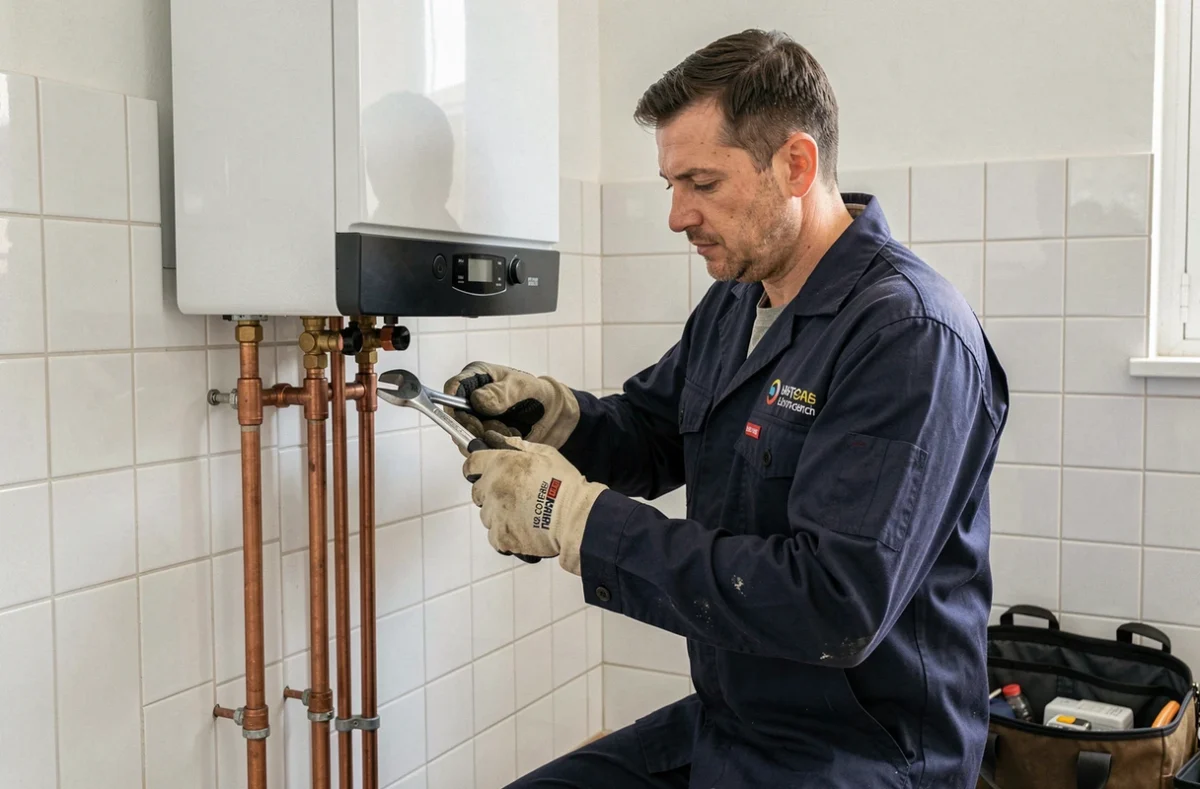 Technicien de RDN INSTALL posant une chaudière et des canalisations en cuivre dans une maison en Gironde