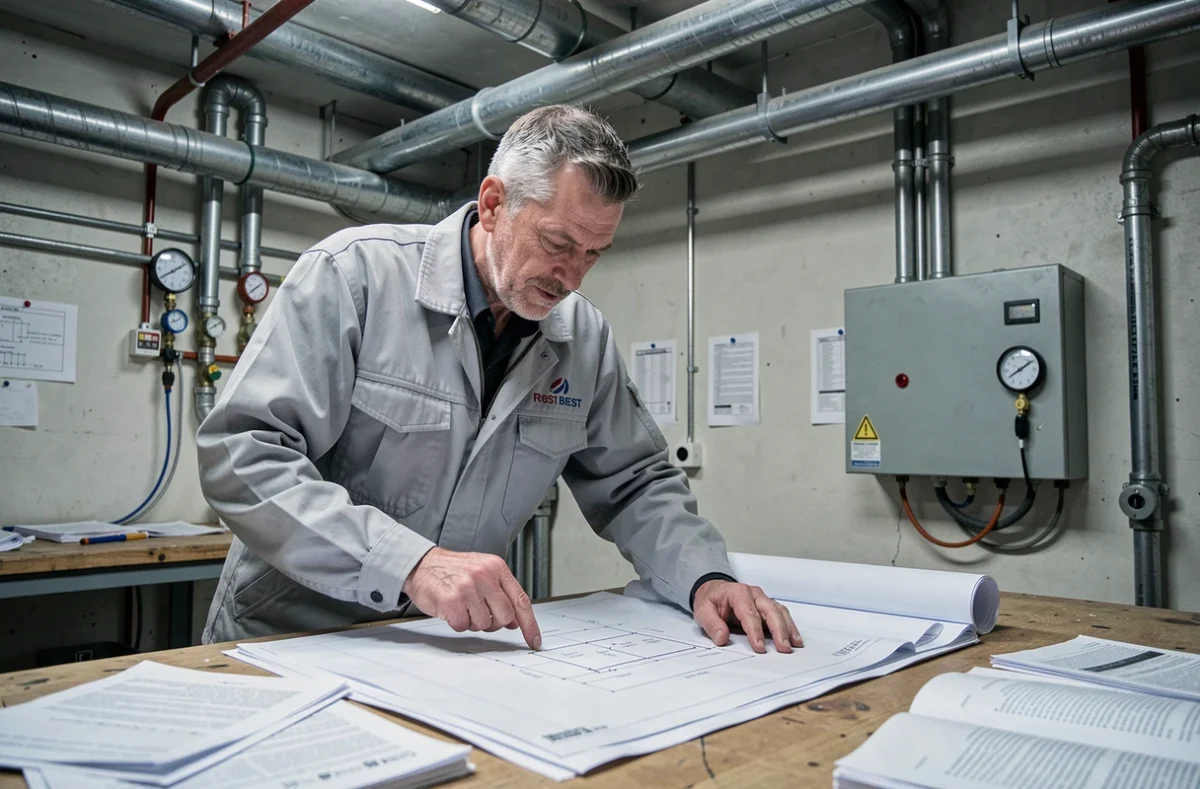 Technicien de S.B.E.C. consultant des plans techniques dans une salle de chaufferie commerciale à Brest