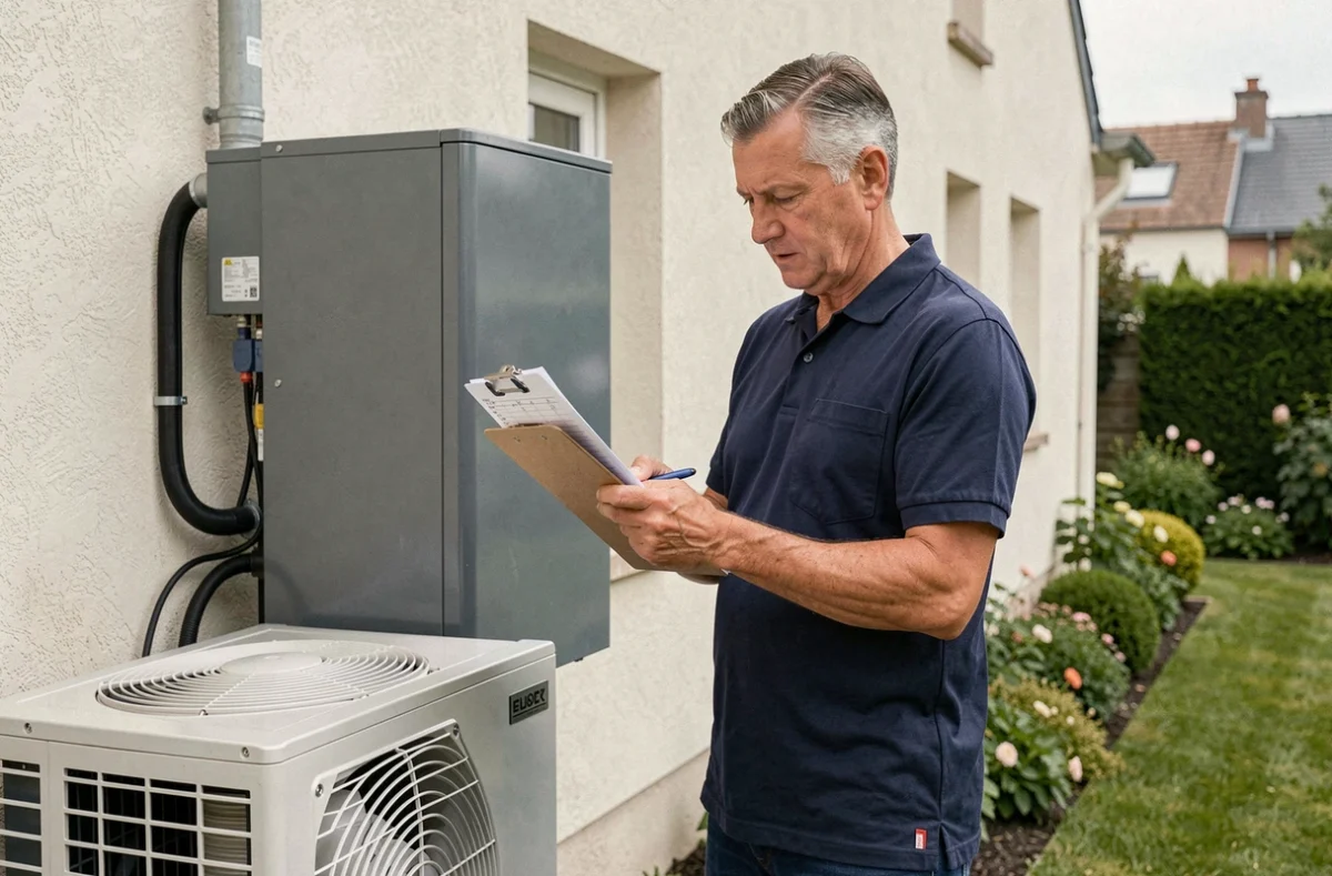 Technicien de Service Plus vérifiant une pompe à chaleur extérieure d'un pavillon brestois avec un carnet de maintenance