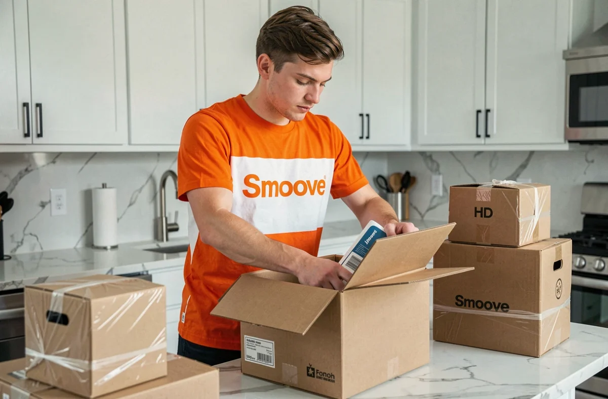 Déménageur Smoove emballant méticuleusement des affaires de cuisine dans des cartons bien étiquetés