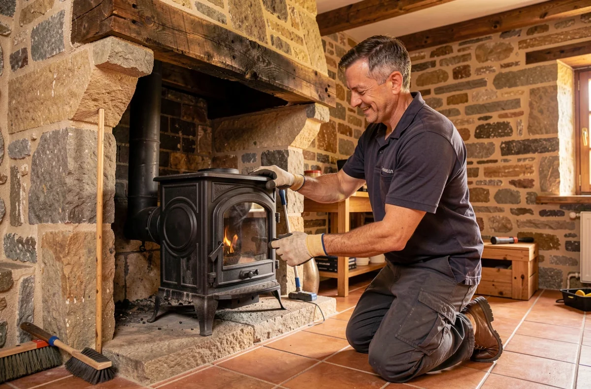 Installateur de Techni Poêle Services posant un insert à bois dans une cheminée en pierre d'une maison girondine