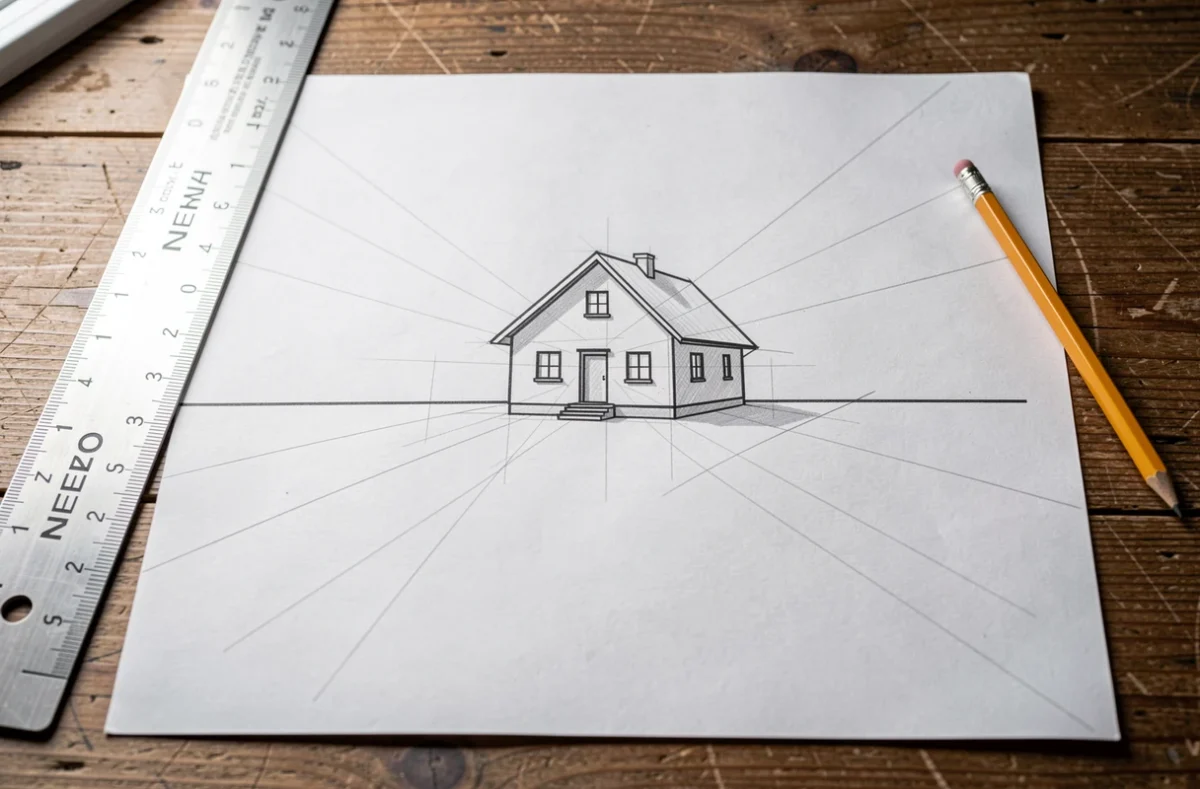Croquis d'une maison en perspective avec ligne d'horizon et traits de construction