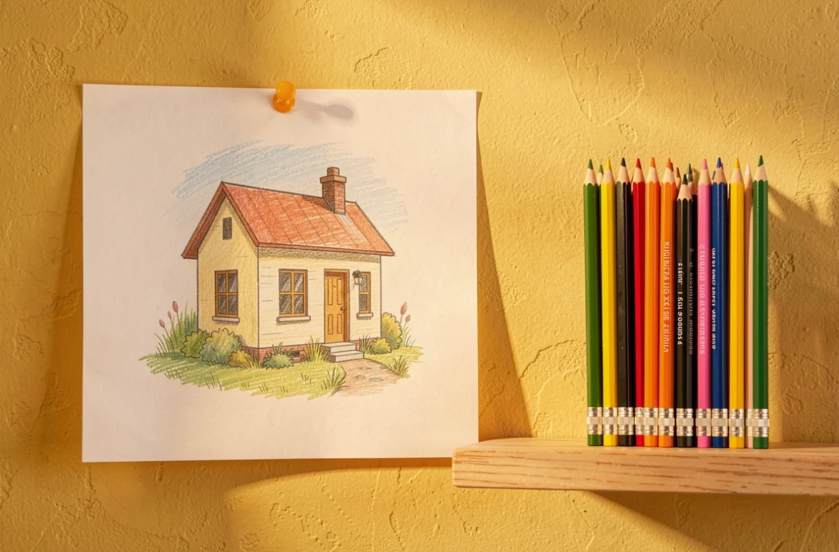 Dessin de maison colorié aux crayons de couleur et affiché au mur