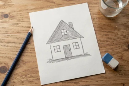 Dessin de maison simple au crayon posé sur un bureau en bois