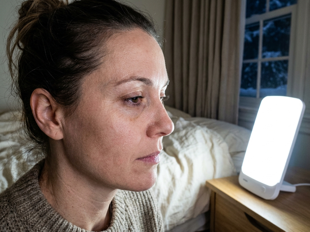 Gros plan sur l'œil d'une femme exposé à une lampe de luminothérapie posée sur une table de nuit en hiver, illustrant les effets sur la vision