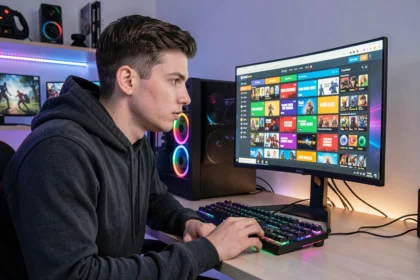 Joueur adulte devant un écran affichant une interface de trading de skins avec codes promo et cashback sur Hellcase