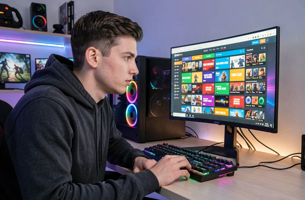 Joueur adulte devant un écran affichant une interface de trading de skins avec codes promo et cashback sur Hellcase