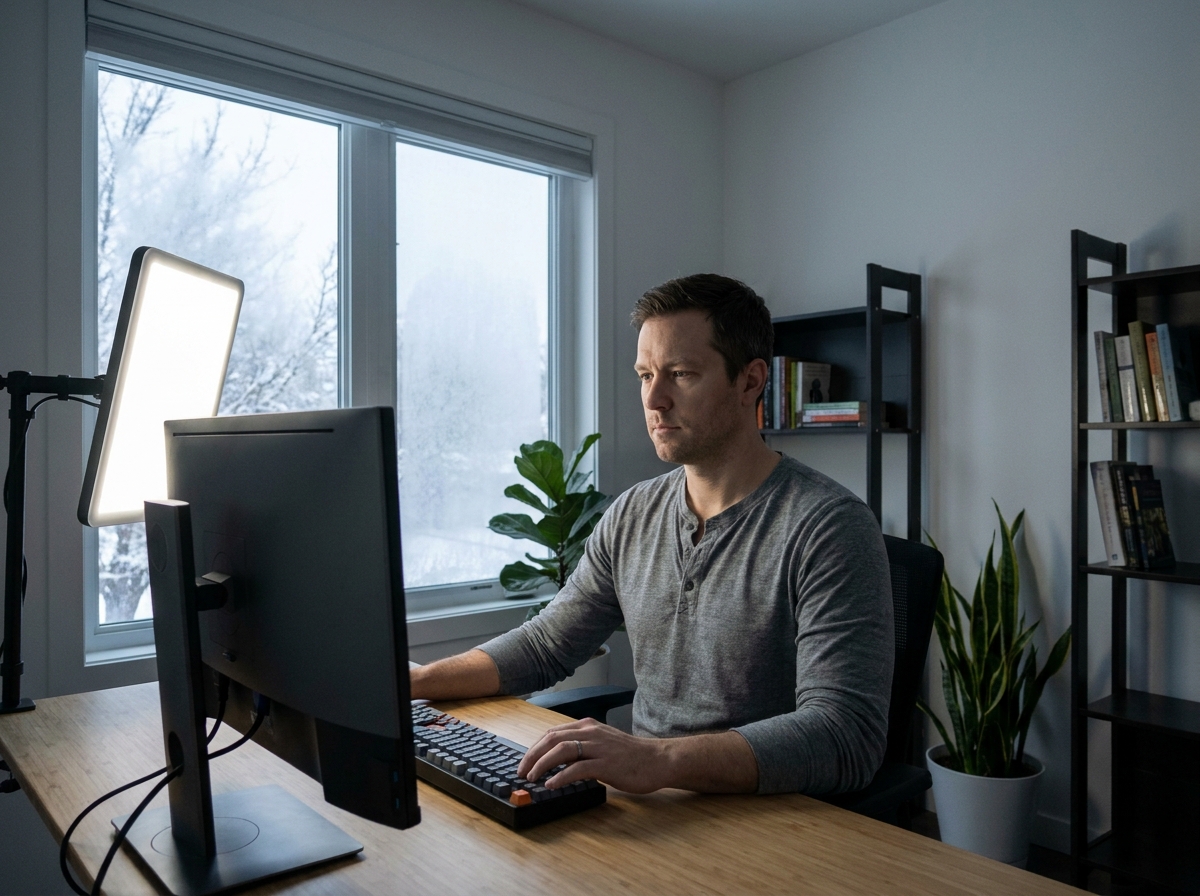 Homme utilisant une lampe de luminothérapie à son bureau à domicile pendant un matin d'hiver sombre pour lutter contre la dépression saisonnière