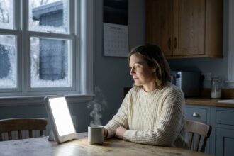 Femme pratiquant la luminothérapie le matin en hiver dans une cuisine avec une lampe de luminothérapie blanche posée sur une table en bois